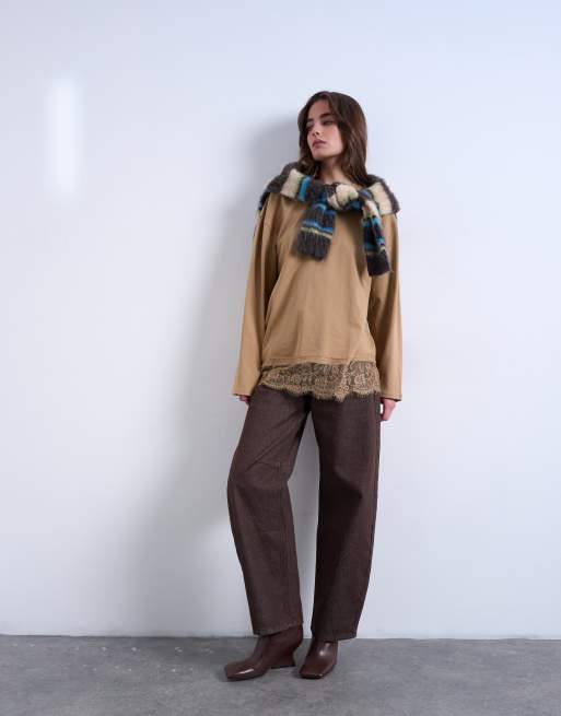 Topshop - Oversized skater T-shirt met kanten rand in stone, 2 van 4