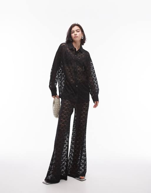 Topshop - Oversized skjorte i sort blondestof - Del af sæt