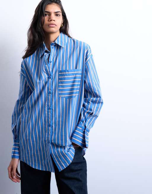 Topshop - Oversized skjorte med blå og elfenbenshvide striber