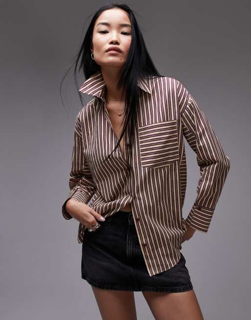 Topshop - Oversized skjorte med bordeaux/lysegule striber