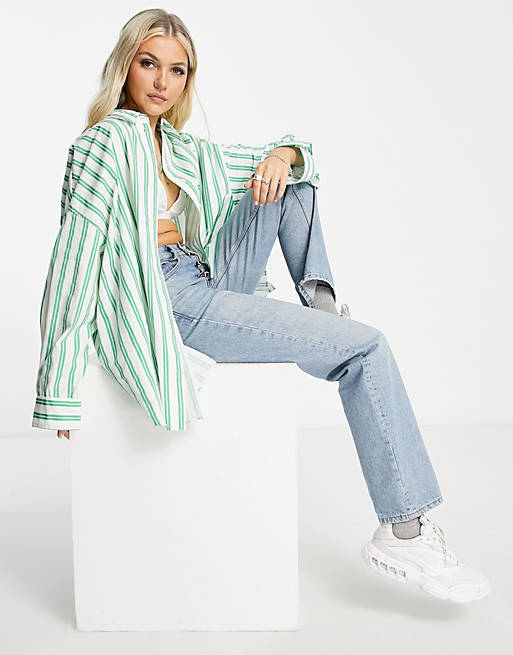 Women Shirts & Blouses/Topshop oversized stripe poplin shirt in green 