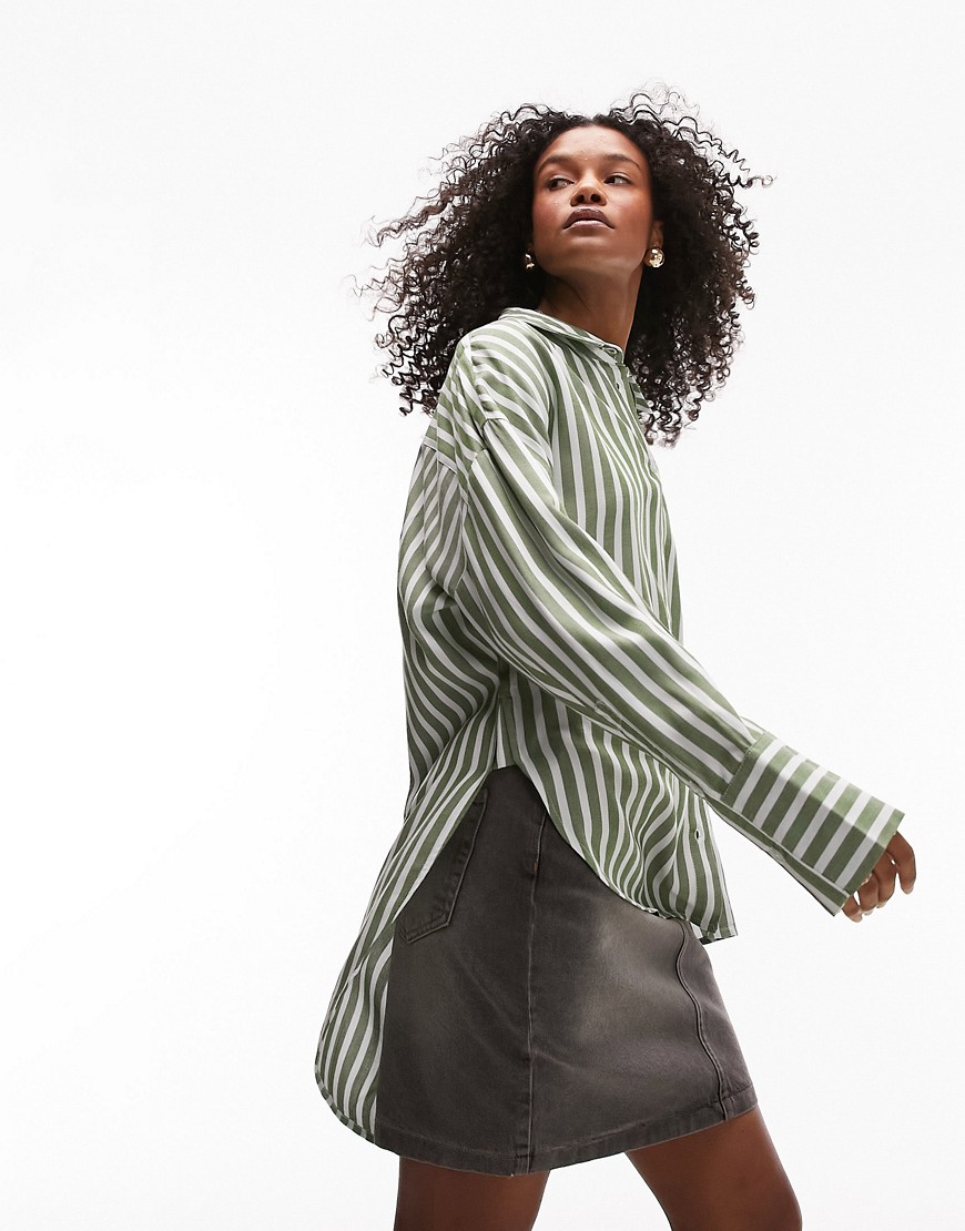 Topshop Oversized Striped Shirt In Green And Off White-multi