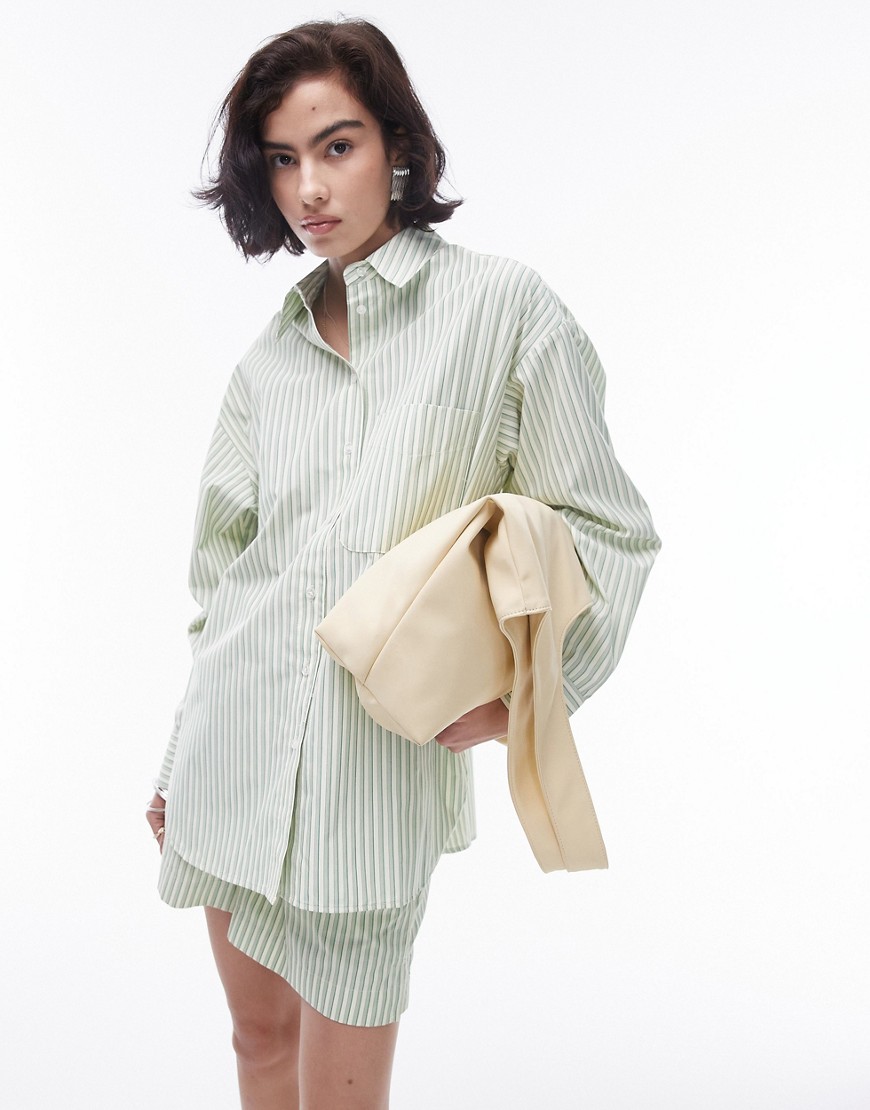 Topshop Oversized Stripe Shirt In Green And Cream - Part Of A Set-multi