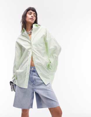 Topshop Oversized Striped Shirt In Lime Green