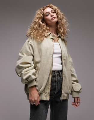 Topshop Oversized Super Acid Wash Cotton Bomber Jacket In Khaki-green