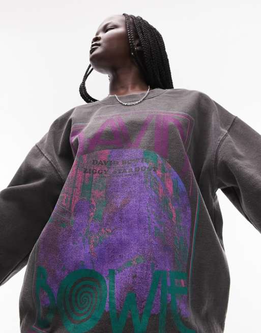 Topshop - Oversized sweater met gelicenseerde David Bowie-print en abstracte vintage wassing in zwart