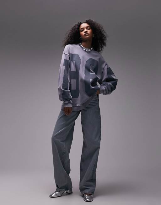 Topshop - Oversized sweater met grafische 98 print in blauw met wassing