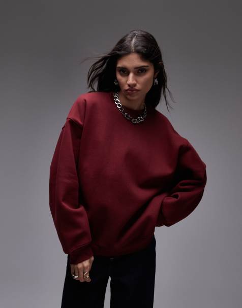 Topshop oversized sweatshirt in burgundy - view 1