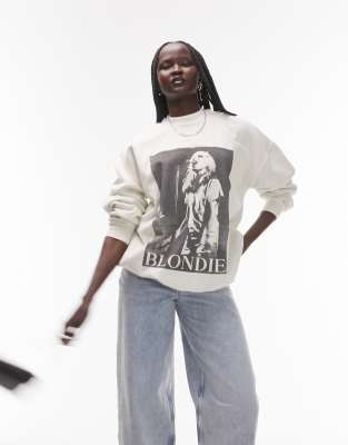 Topshop - Oversized-Sweatshirt in Ecru mit lizenziertem „Blondie mit Mikrofon"-Grafikprint-Weiß