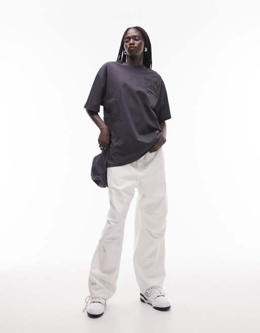Topshop - Oversized T-shirt med hæklet lap i koksgrå, 4 af 4