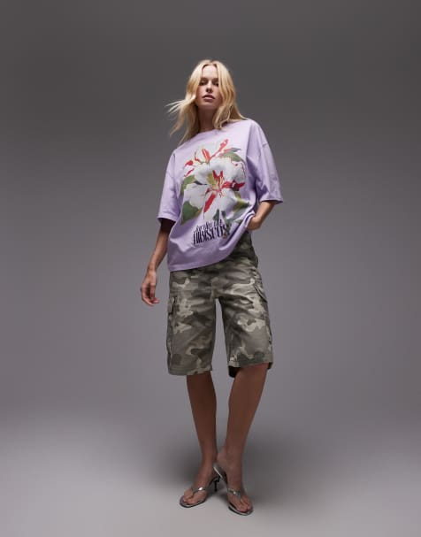Topshop - Oversized T-shirt met grafische Hibiscus-print in lila - view 1