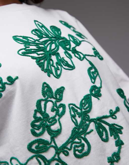 Topshop - Oversized T-shirt met groen geborduurde bloemenraffia in wit, 3 van 4