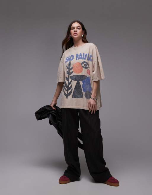 Topshop - Oversized T-shirt met Sao Paulo-print in ecru