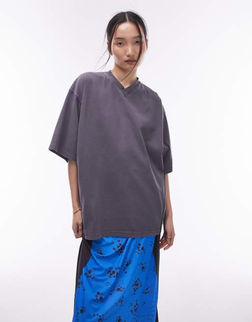 Topshop - Oversized T-shirt met V-hals en acid wash in antraciet