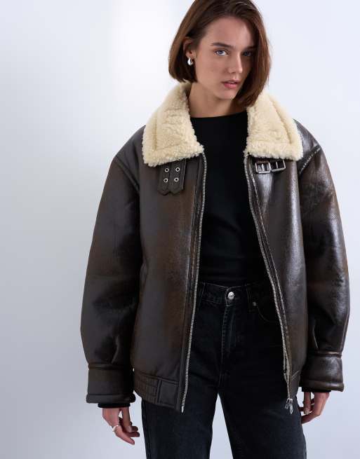 Topshop oversized tab detail shearling bomber jacket in brown