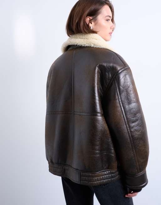 Topshop oversized tab detail shearling bomber jacket in brown