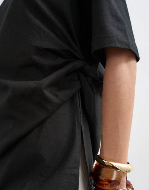 Topshop oversized tee with knot hem in black, 3 of 4