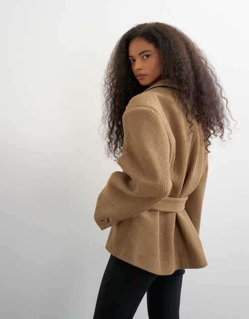 Topshop oversized tie waist chevron blazer coat in tan, 4 of 4