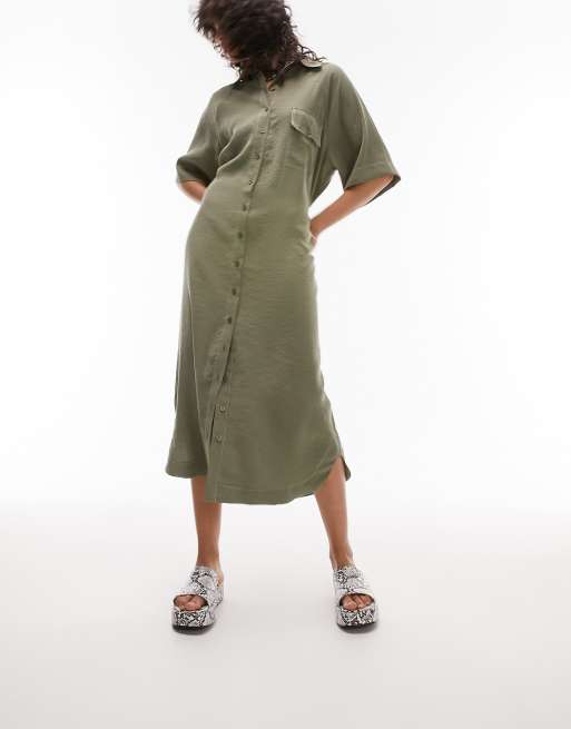 Topshop oversized topstitch midi shirt dress in khaki