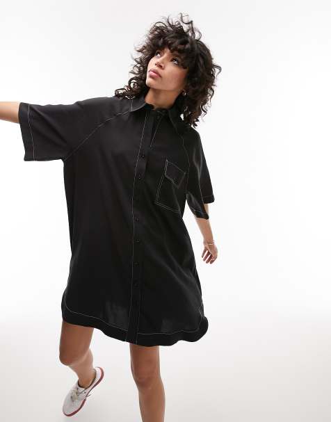 Topshop oversized topstitch mini shirtdress in black - view 1