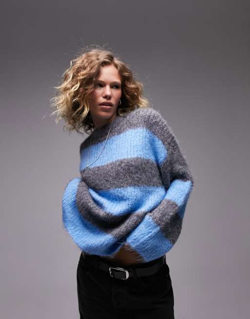 Topshop - Oversized trøje med rund hals og markante striber i blå og kokstrå i vamset strik 