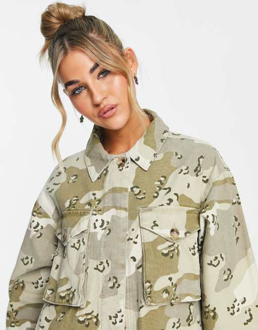 Topshop oversized utility shacket in khaki camo print