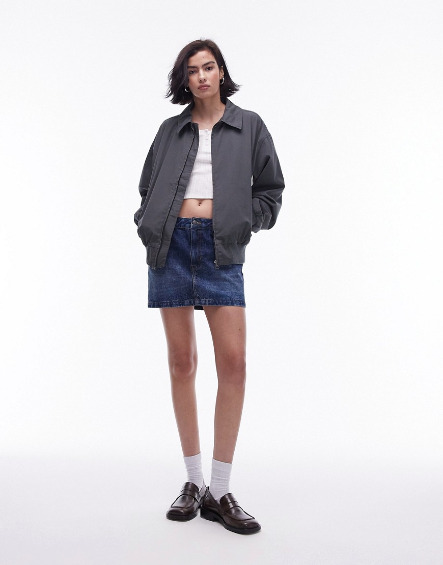 Topshop oversized washed cotton bomber jacket in charcoal-Grey