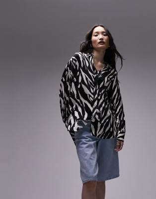 Topshop oversized zebra printed shirt in monochrome-Black