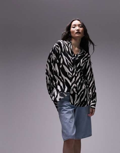 Topshop oversized zebra printed shirt in monochrome - view 1