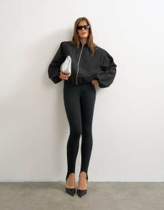 Model wearing Oversized zip up bomber jacket in black