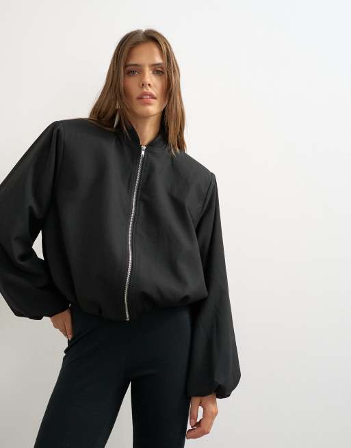 Topshop oversized zip up bomber jacket in black, 2 of 4