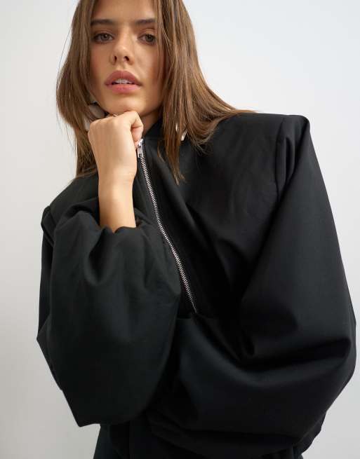 Topshop oversized zip up bomber jacket in black, 3 of 4