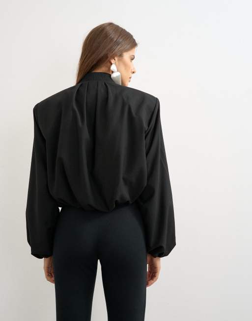Topshop oversized zip up bomber jacket in black, 4 of 4