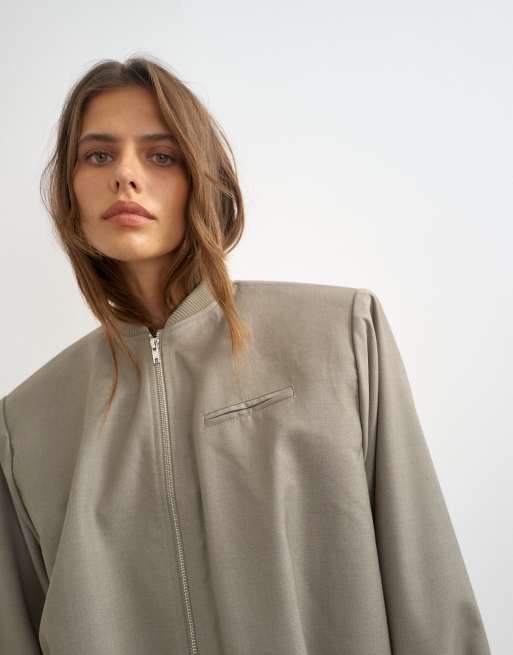 Topshop oversized zip up bomber jacket in stone, 2 of 4