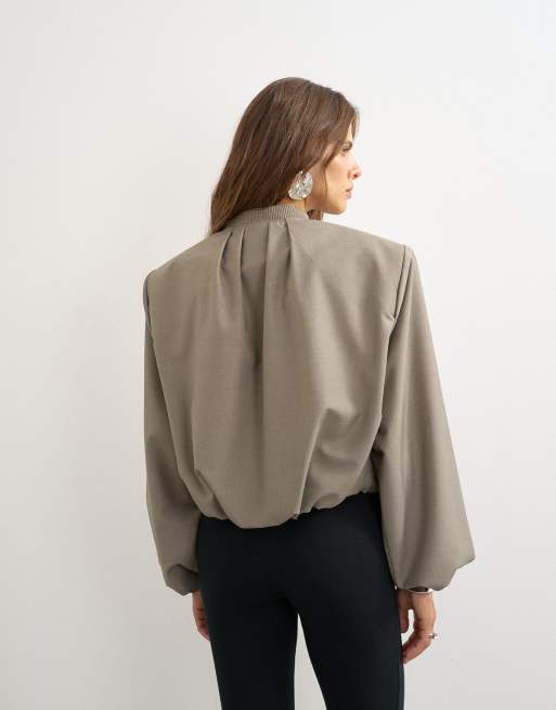 Topshop oversized zip up bomber jacket in stone, 3 of 4