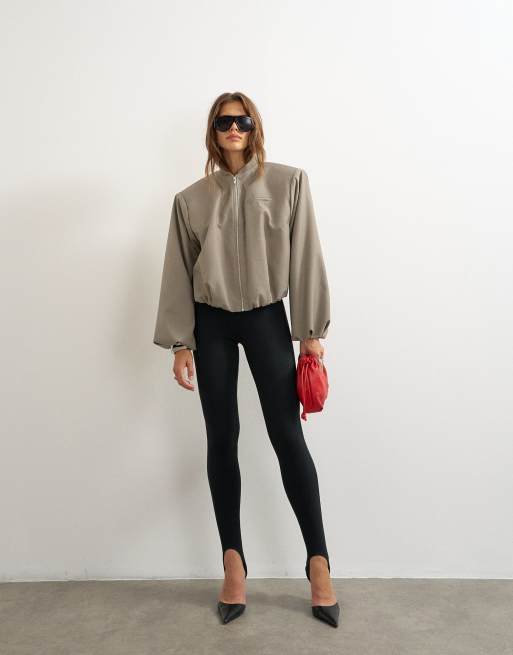 Topshop oversized zip up bomber jacket in stone, 4 of 4