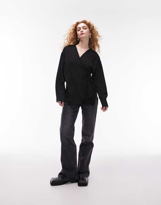 Topshop - Overslagtop met zwart-witte krijtstreep, 3 van 4