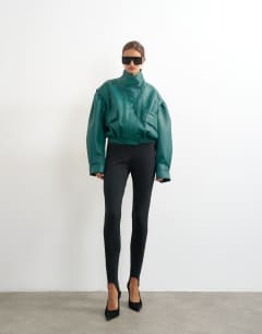 Overszied faux leather cropped bomber with zips in green