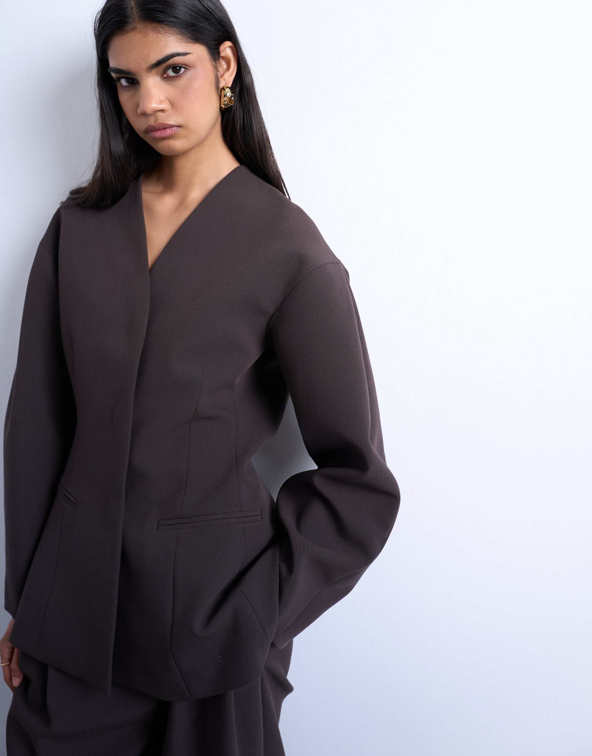 topshop ovoid collarless suit blazer in chocolate