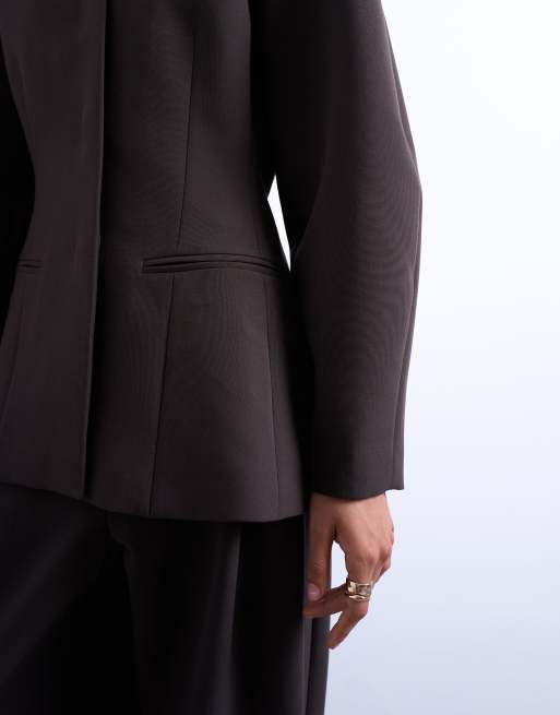 Topshop ovoid collarless suit blazer in chocolate, 4 of 4