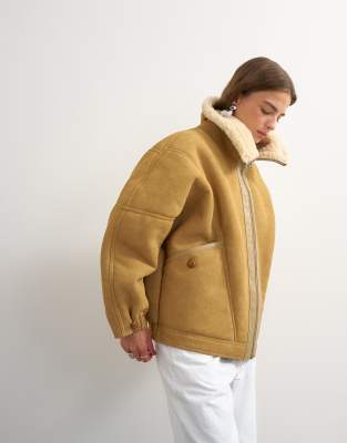 Topshop Ovoid Faux Shearling Jacket In Brown