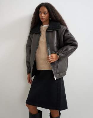 Topshop Ovoid Shearling Jacket In Black