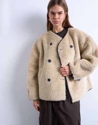 Topshop Ovoid Short Shearling Double Breasted Jacket In Brown