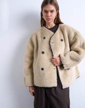 Topshop ovoid short shearling double breasted jacket in chocolate