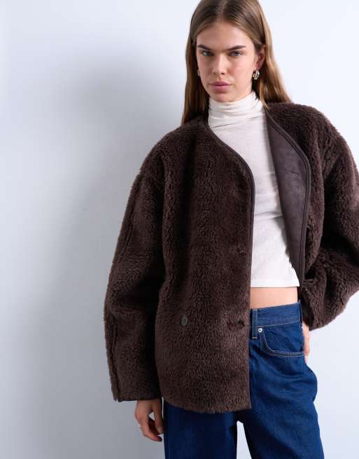 Topshop ovoid short shearling double breasted jacket in cream