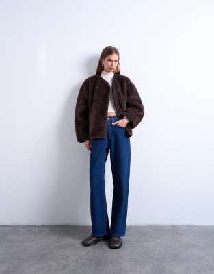 Topshop Ovoid Short Shearling Double Breasted Jacket In Brown