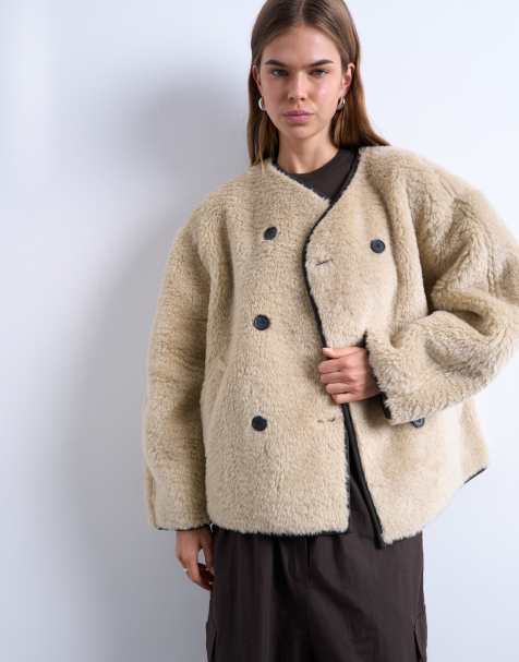 Topshop ovoid short shearling double breasted jacket in cream