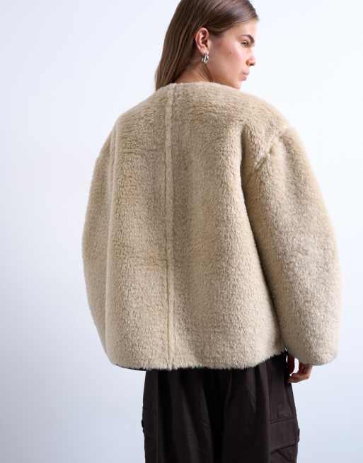 Topshop ovoid short shearling double breasted jacket in cream, 4 of 4