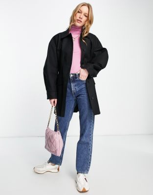 Topshop ovoid sleeve belted shacket in black - ASOS Price Checker
