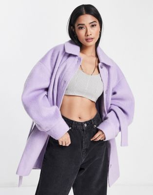 Topshop ovoid sleeve belted shacket in lilac